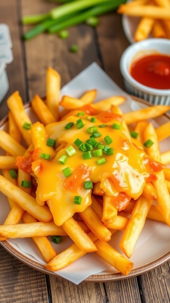 Crispy air fryer French fries with melted cheese and green onions on a rustic table.